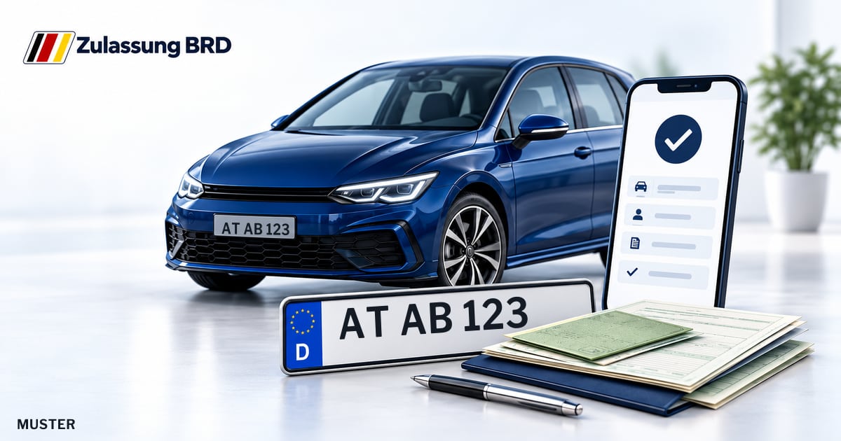 Online Fahrzeugzulassung in Demmin: Musterkennzeichen AT AB 123, Auto und Fahrzeugpapiere und Smartphone. Illustration mit Logo von Zulassung BRD.